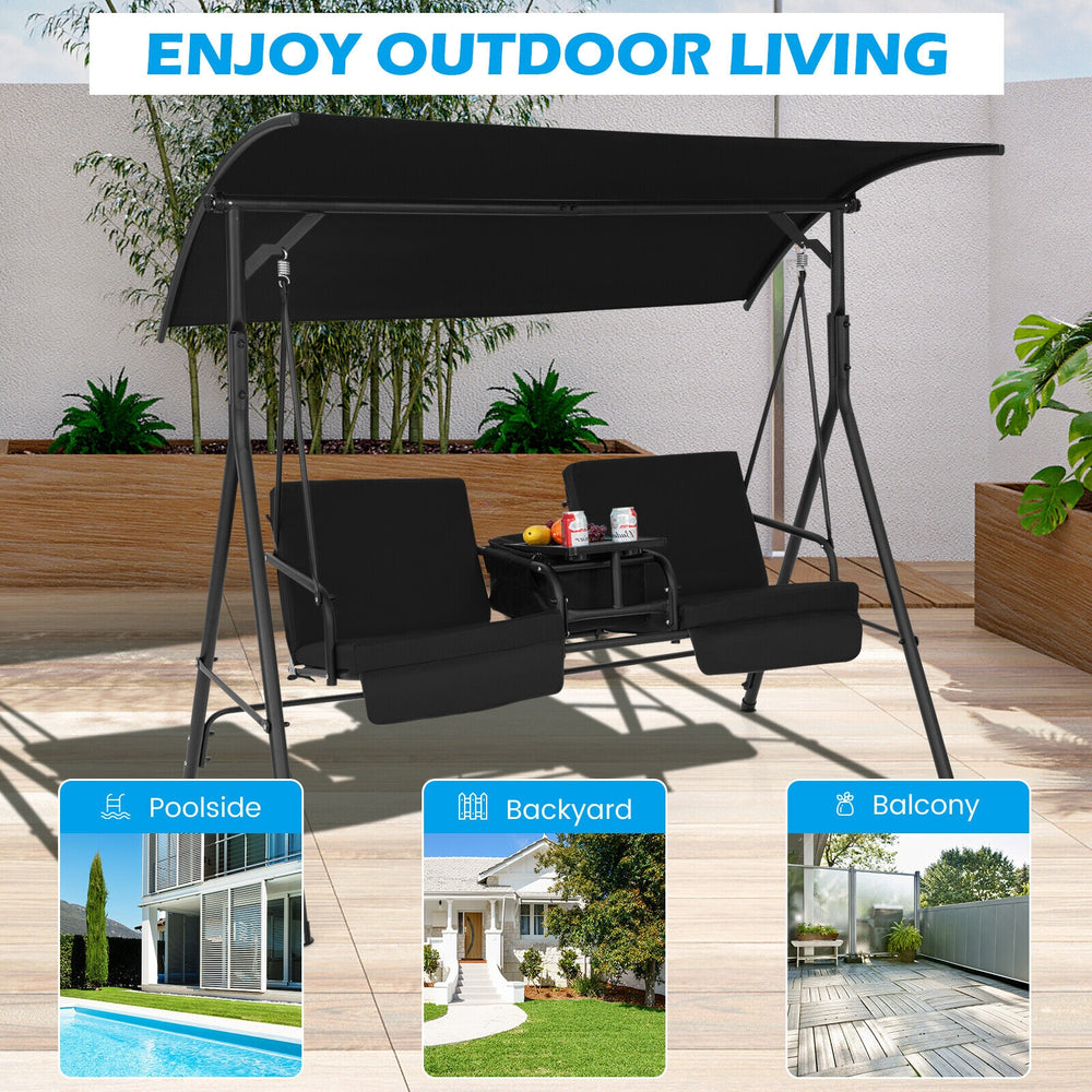 Porch swing chair with adjustable black canopy, featuring a 2-seat design and middle table, perfect for outdoor.