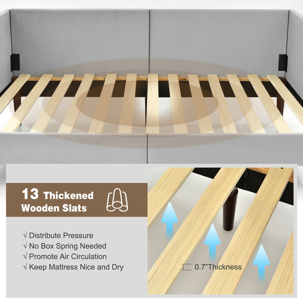 Thickened wooden slats of a twin size daybed frame in gray, promoting air circulation and supporting up to 440 lbs.