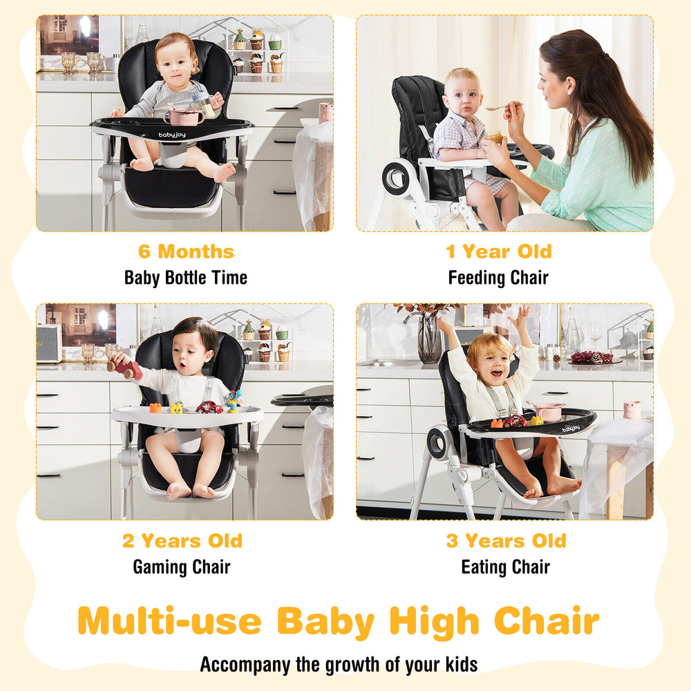 Foldable baby high chair in black with adjustable features and lockable wheels, ideal for feeding and easy storage.