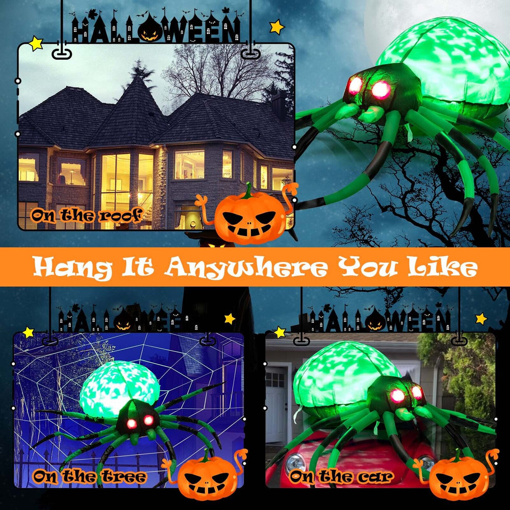 5-foot Halloween inflatable spider with glowing green body and red eyes, perfect for yard or roof decoration.