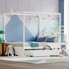 Full size white canopy bed with trundle, solid wood frame, decorated with flags and lights, perfect for kids' bedrooms.