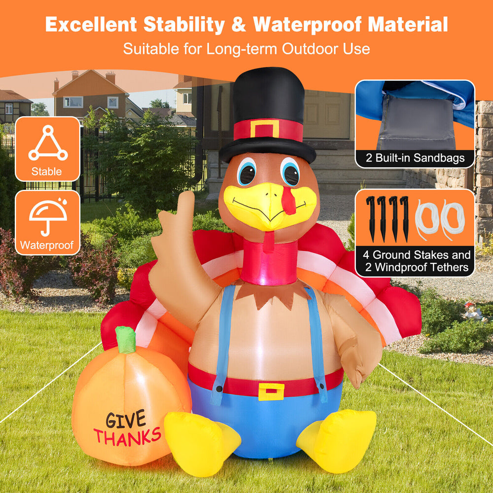 6-foot inflatable Thanksgiving turkey with pumpkin, featuring bright LED lights, waterproof material, and stable design.