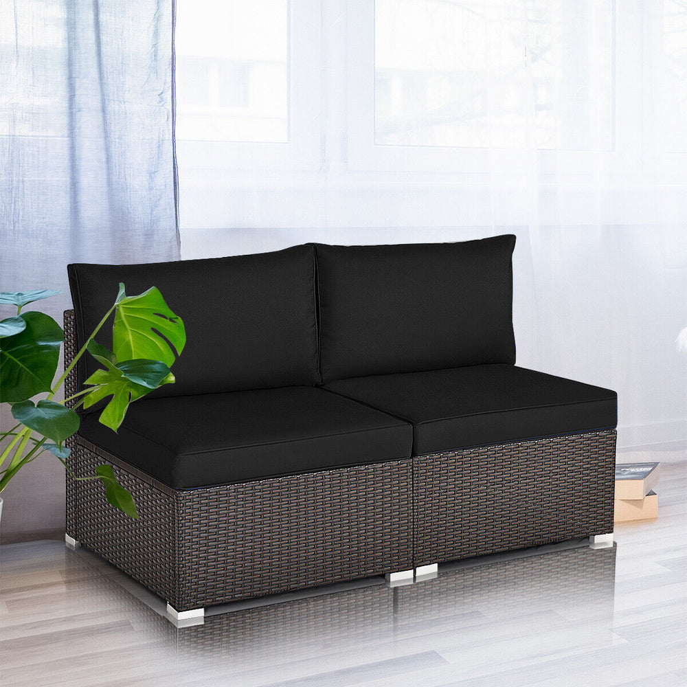 2 Pieces Patio Rattan Armless Sofa Set with 2 Cushions and 2 Pillows-Black - Gallery View 1 of 12
