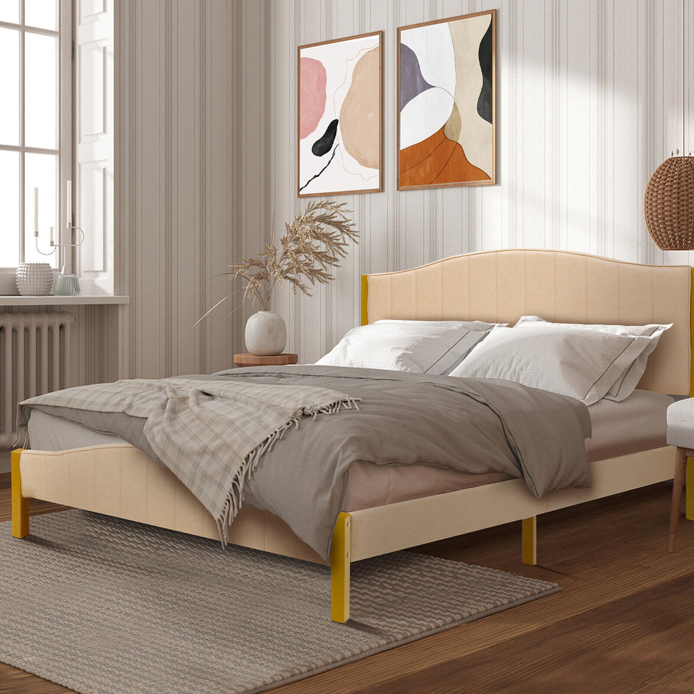 Side view of the full/queen size upholstered bed frame with quilted headboard, highlighting the sturdy plywood slats.