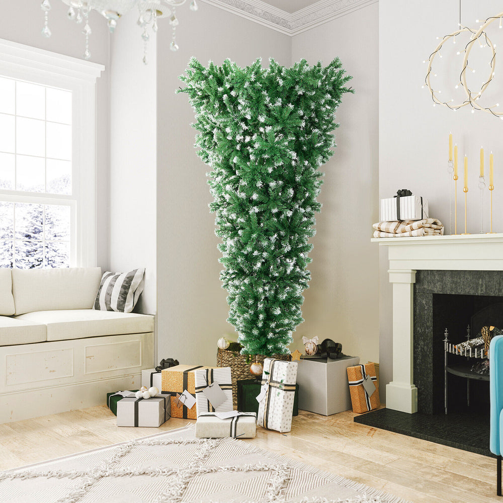Upside down 7.5 ft pre-lit Christmas tree with 1100 snowy tips and 400 LED lights, perfect for small spaces and holiday.
