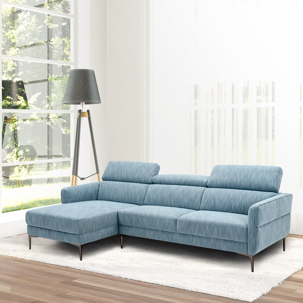 L-shaped blue sofa couch with adjustable headrests and thick cushions, perfect for modern living room comfort.