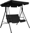 Cushioned black loveseat patio swing glider with waterproof canopy and steel frame, perfect for outdoor relaxation.