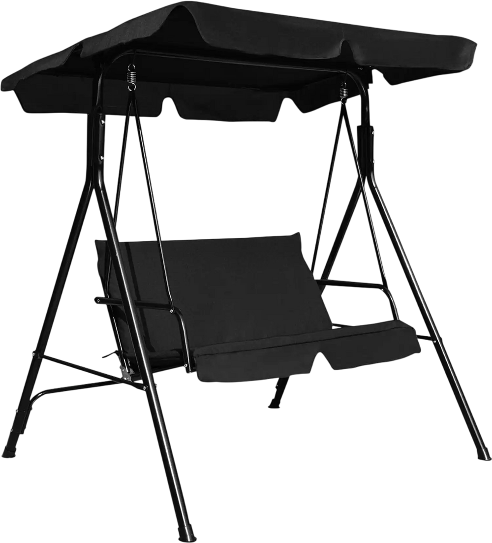 Cushioned black loveseat patio swing glider with waterproof canopy and steel frame, perfect for outdoor relaxation.