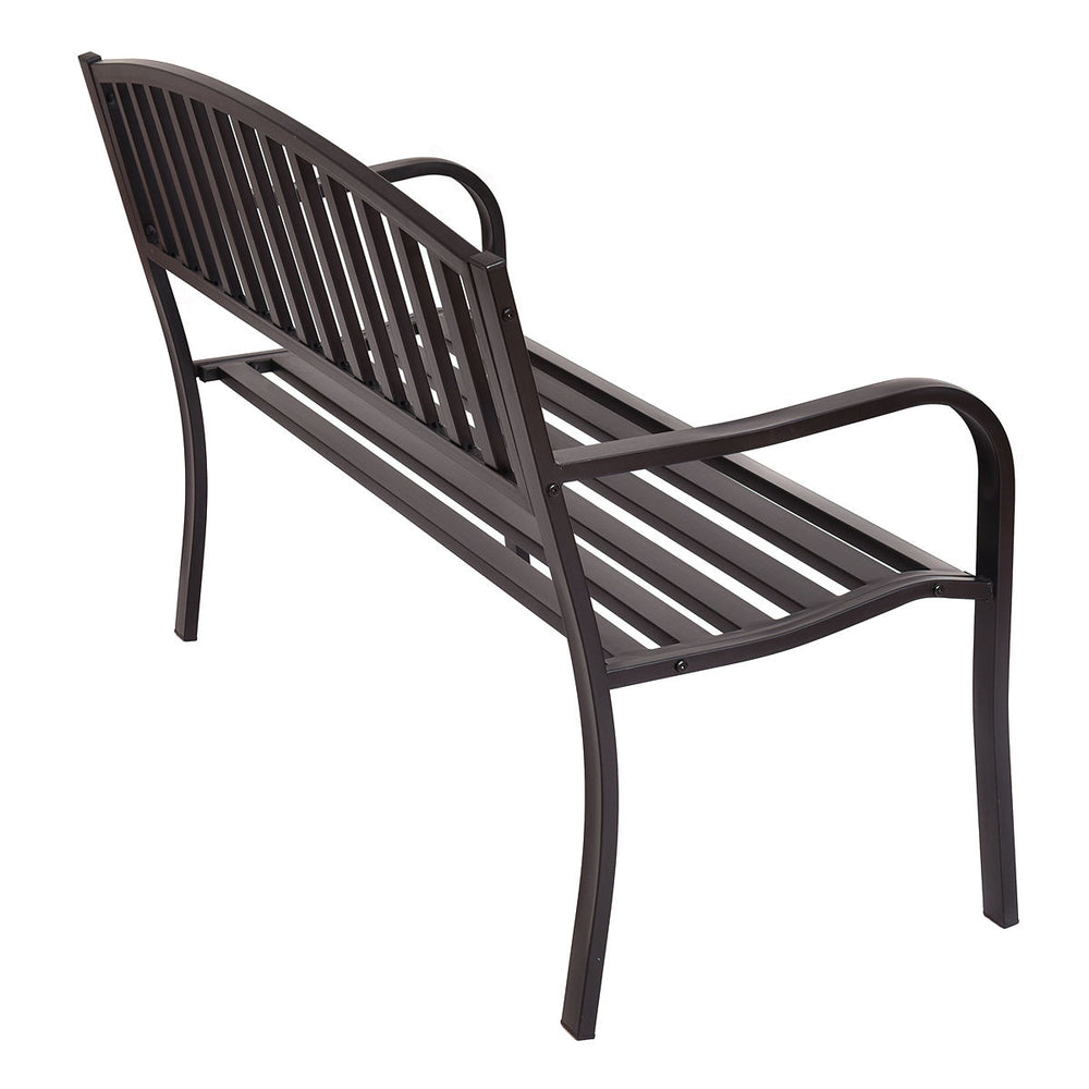 Patio garden bench with solid steel frame, ergonomic design, and armrests, ideal for outdoor relaxation.
