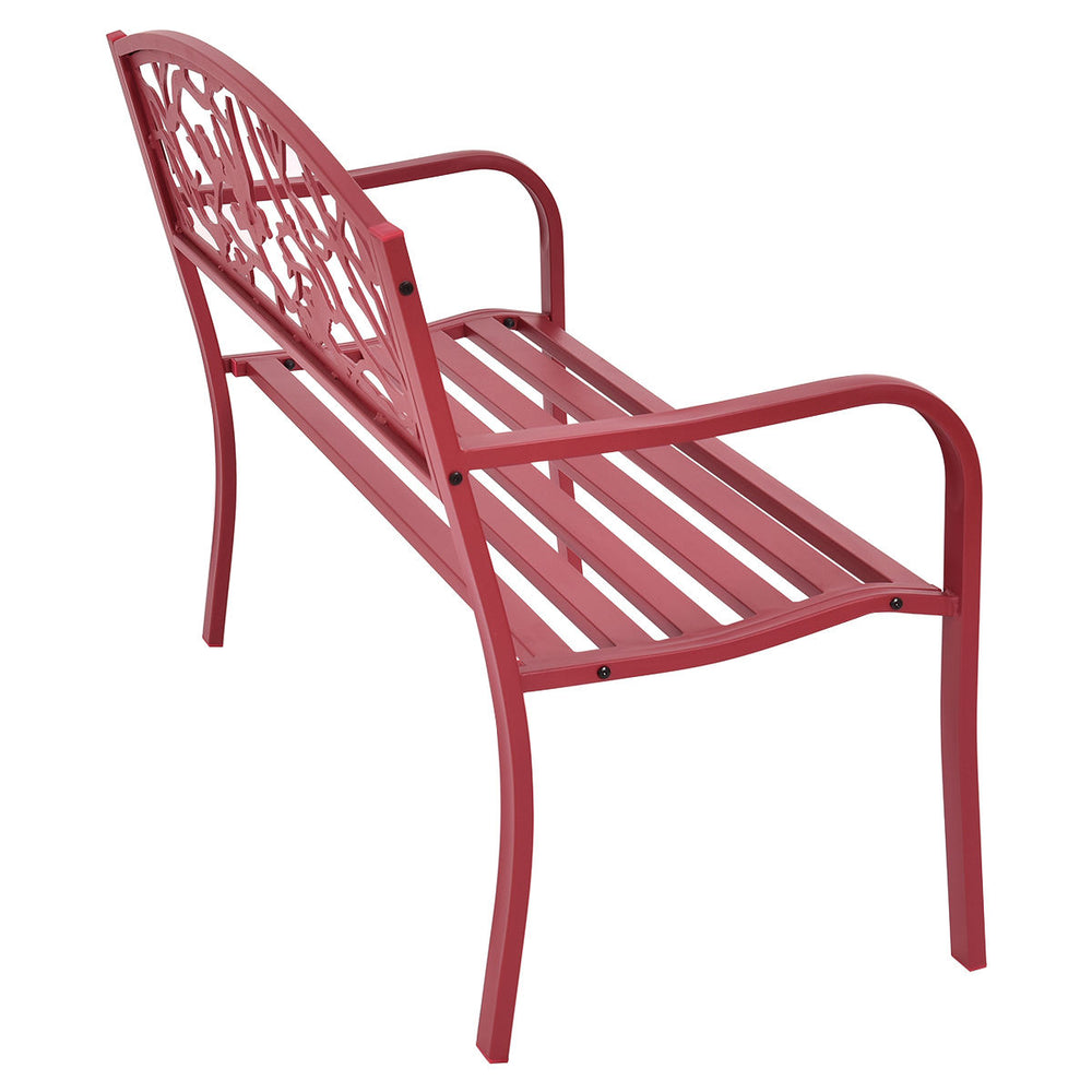 Red patio garden bench with ergonomic design, sturdy steel frame, and durable cast iron back, ideal for outdoor.