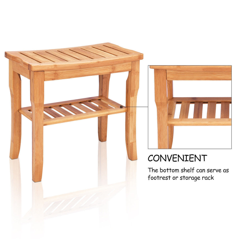 Bamboo shower chair bench with storage shelf, moisture-resistant, eco-friendly, ideal for bathroom or sauna use.