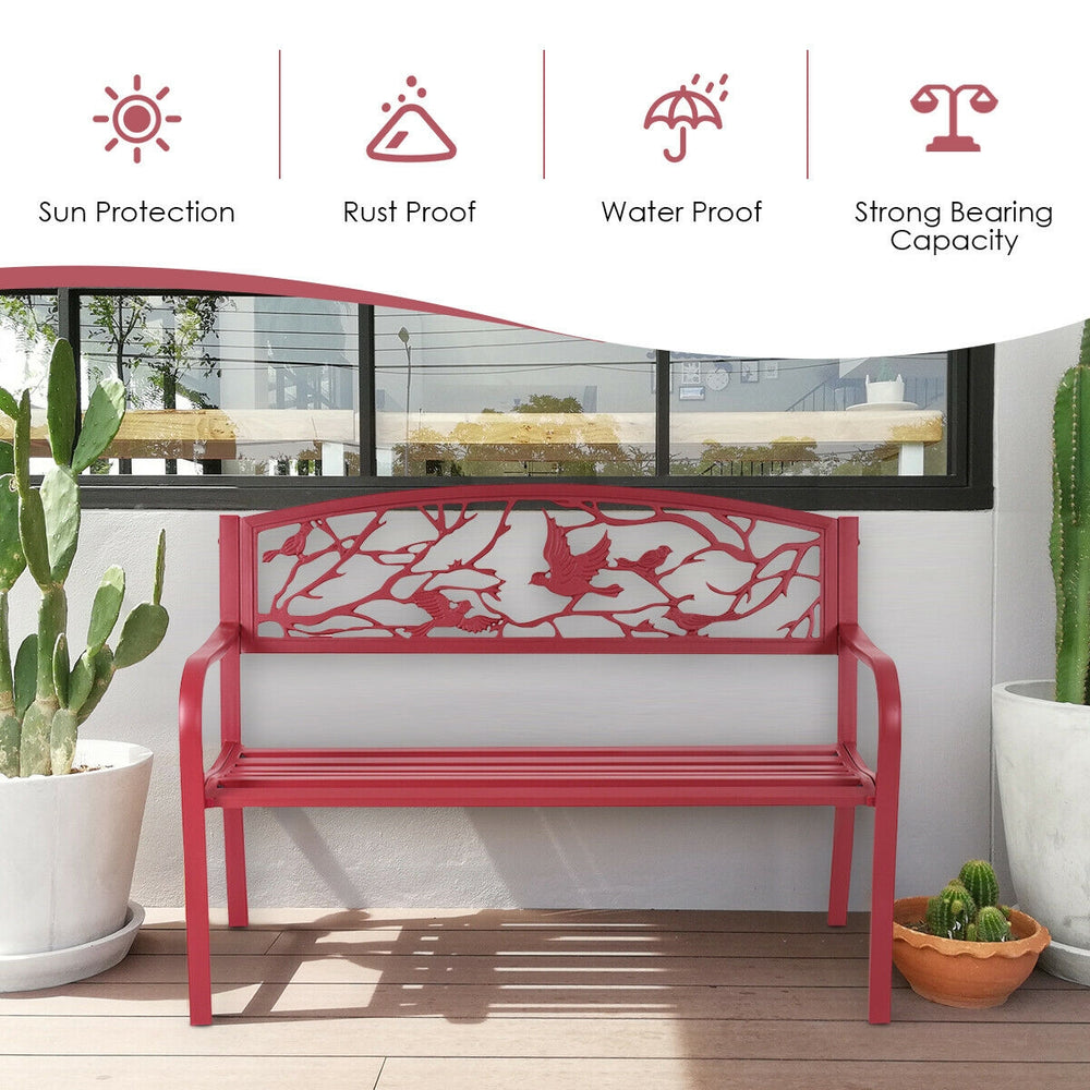 Patio garden bench in red with ergonomic design, durable steel frame, and cast iron back, ideal for outdoor relaxation.