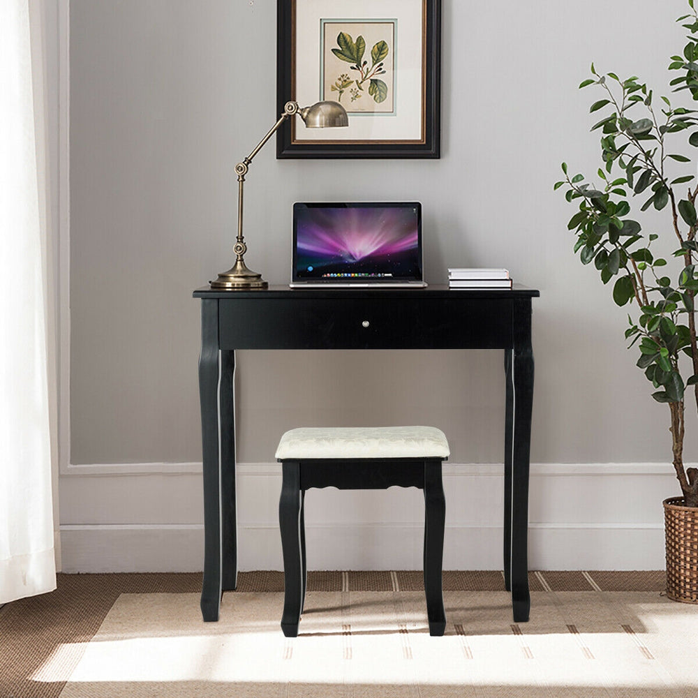 3 Drawers Lighted Mirror Vanity Dressing Table Stool Set-Black - Gallery View 1 of 12