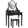 Black vanity table set with lighted mirror, 10 dimmable LED bulbs, and cushioned stool for elegant makeup experience.