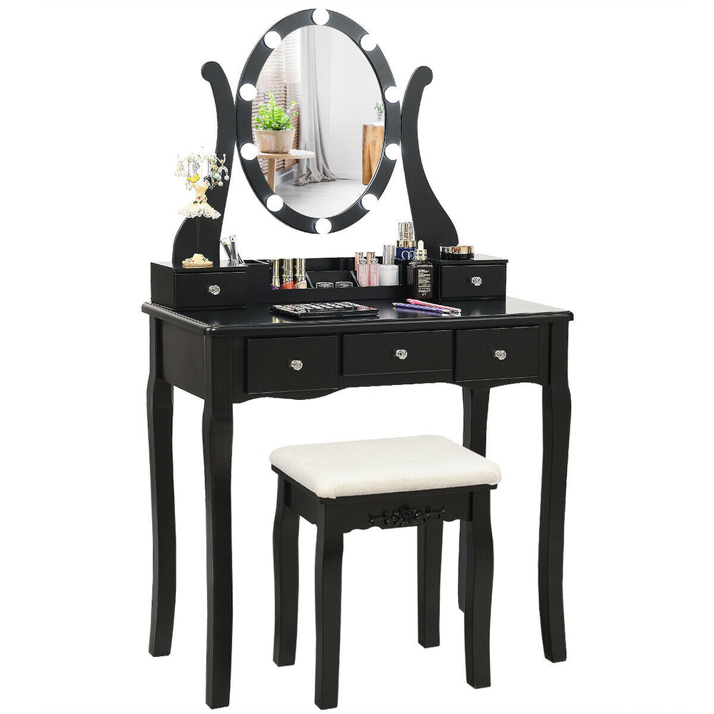 Black vanity table set with lighted mirror, 10 dimmable LED bulbs, and cushioned stool for elegant makeup experience.