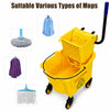 26 Quart side press wringer mop bucket in bright yellow with swivel wheels, designed for easy mobility and safety.