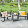 Beige 3-piece wicker rocking bistro set with glass coffee table and storage shelf, perfect for outdoor relaxation.