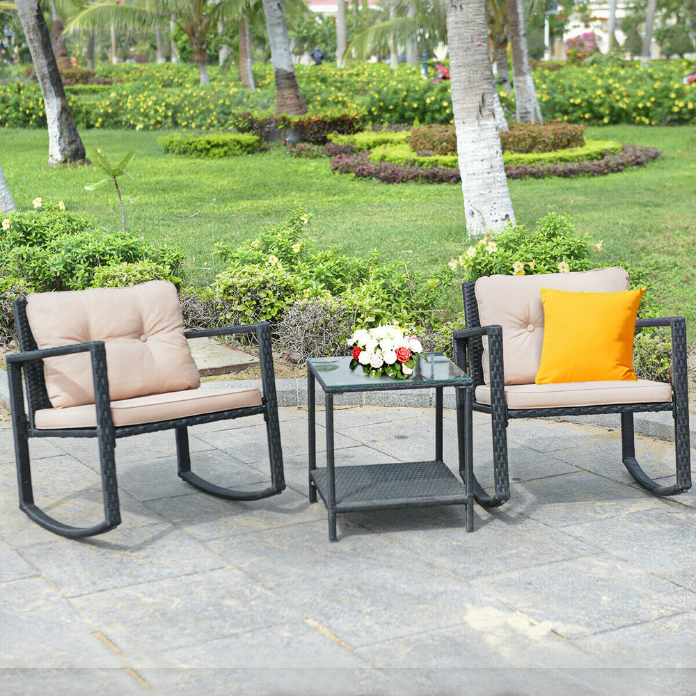 3 Pcs Wicker Rocking Bistro Set with Glass Coffee Table and Storage Shelf-Beige - Gallery View 1 of 12