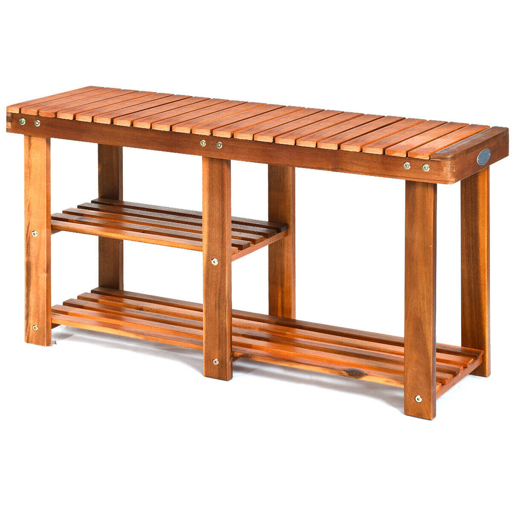 3-tier freestanding wooden shoe organizer with seat, made of acacia wood, perfect for entryway or living room storage.