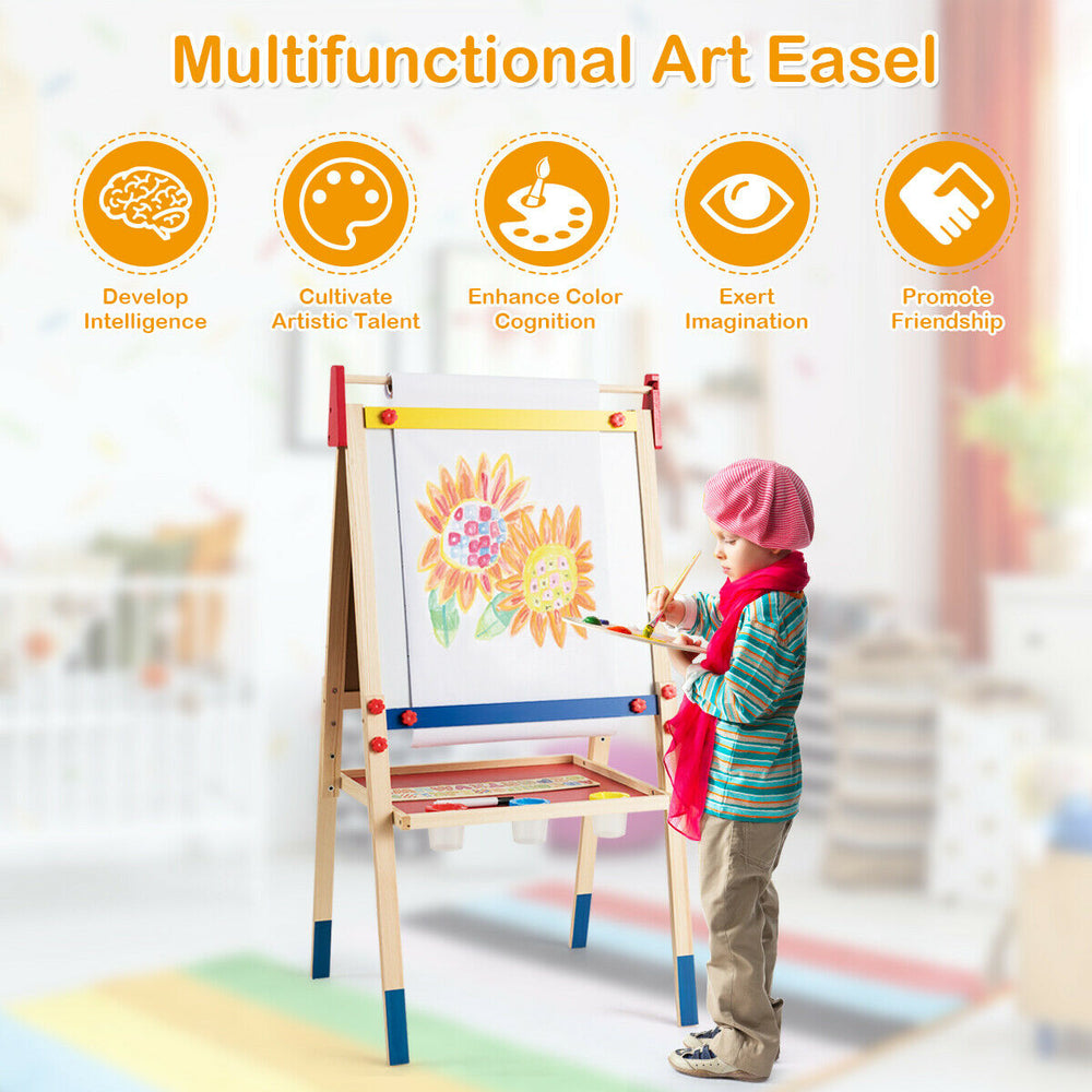 Height adjustable wooden art easel with double-sided whiteboard and chalkboard, perfect for kids' creativity and.