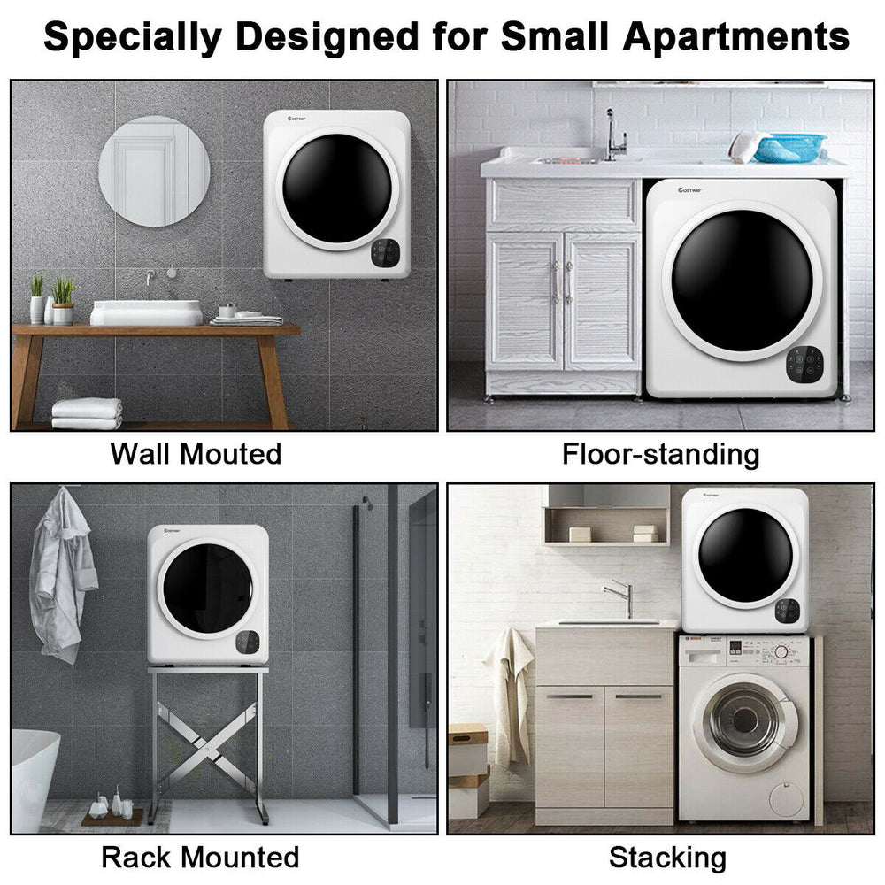 Portable 1700W electric dryer with stainless steel tub, designed for small apartments, shown in wall-mounted and.