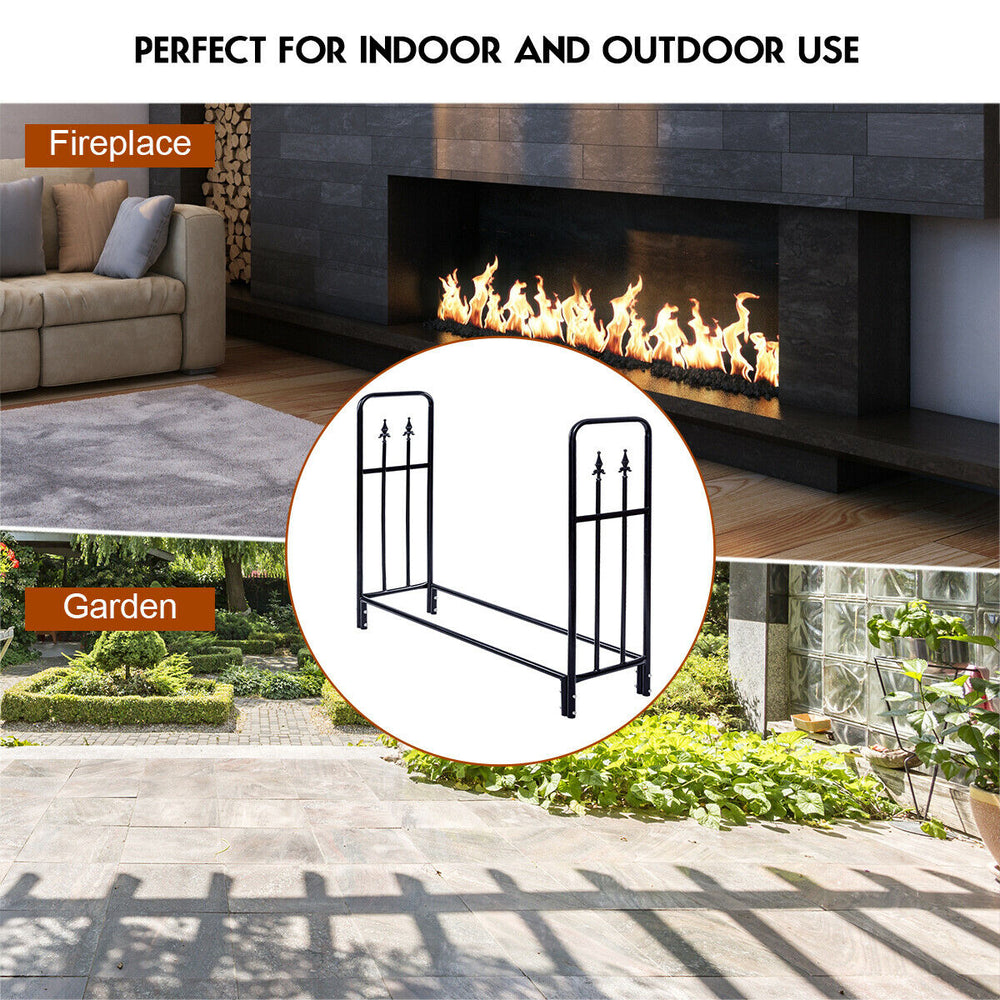 4 feet heavy duty steel firewood rack with black powder-coated finish for outdoor and indoor wood storage.