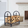 Heavy duty steel firewood storage holder with black powder-coated finish, neatly stacking logs for outdoor use.