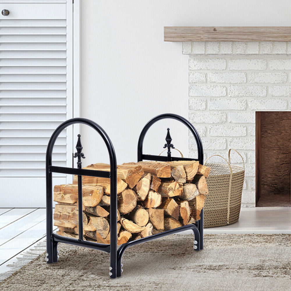 Heavy duty steel firewood storage holder with black powder-coated finish, neatly stacking logs for outdoor use.
