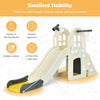 Multifunctional 6-in-1 kids slide playset in yellow featuring a long slide, climber, basketball hoop, and tunnel for.