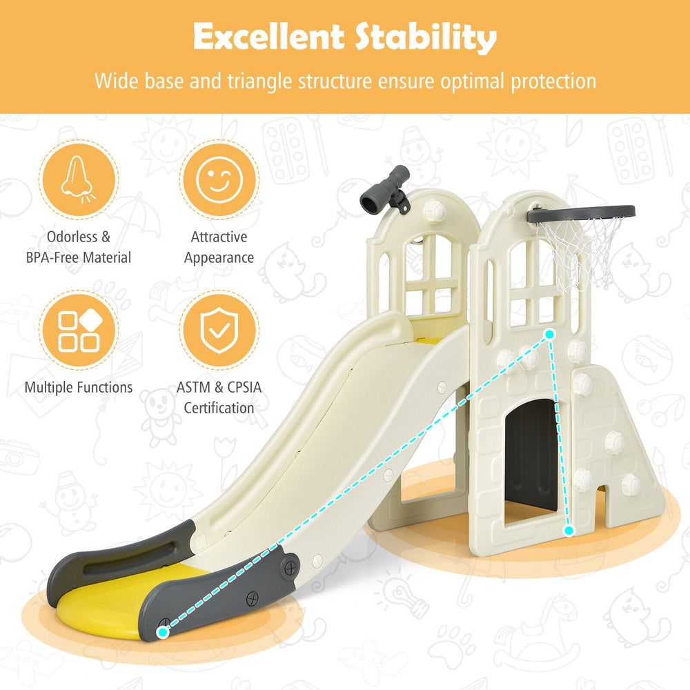 Multifunctional 6-in-1 kids slide playset in yellow featuring a long slide, climber, basketball hoop, and tunnel for.