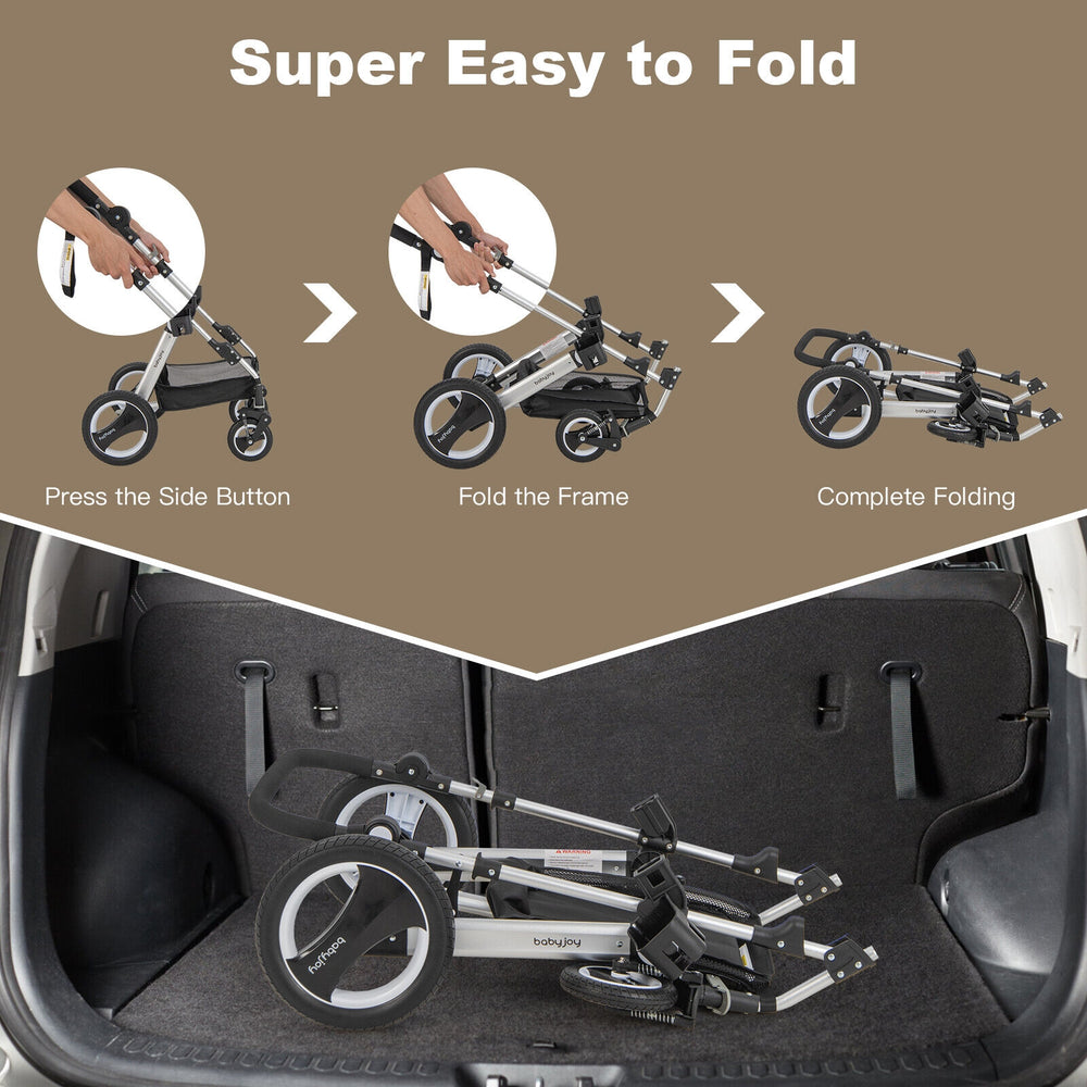 Folding aluminum baby stroller in beige, showcasing easy folding mechanism in a car trunk for convenient storage.