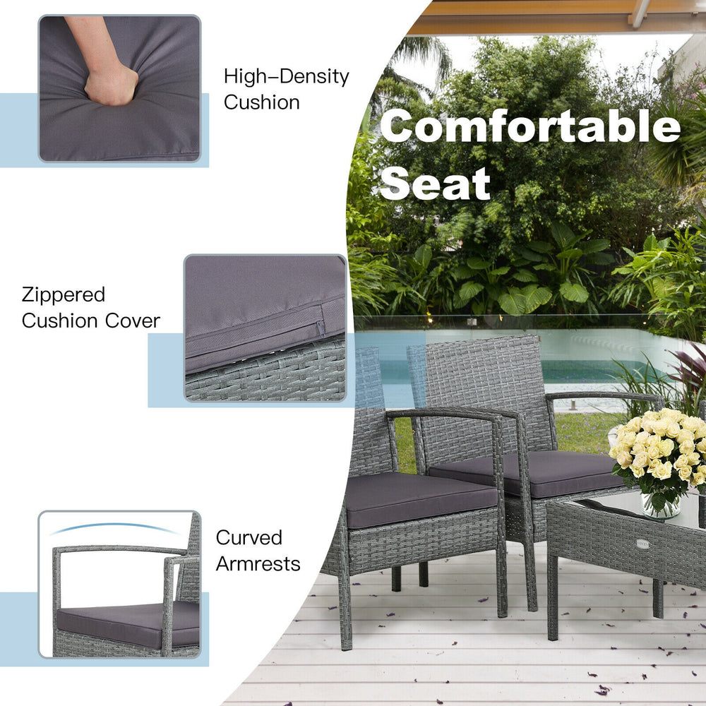 Curved armrests and high-density cushion of the 4-piece outdoor rattan conversation set for backyard relaxation.