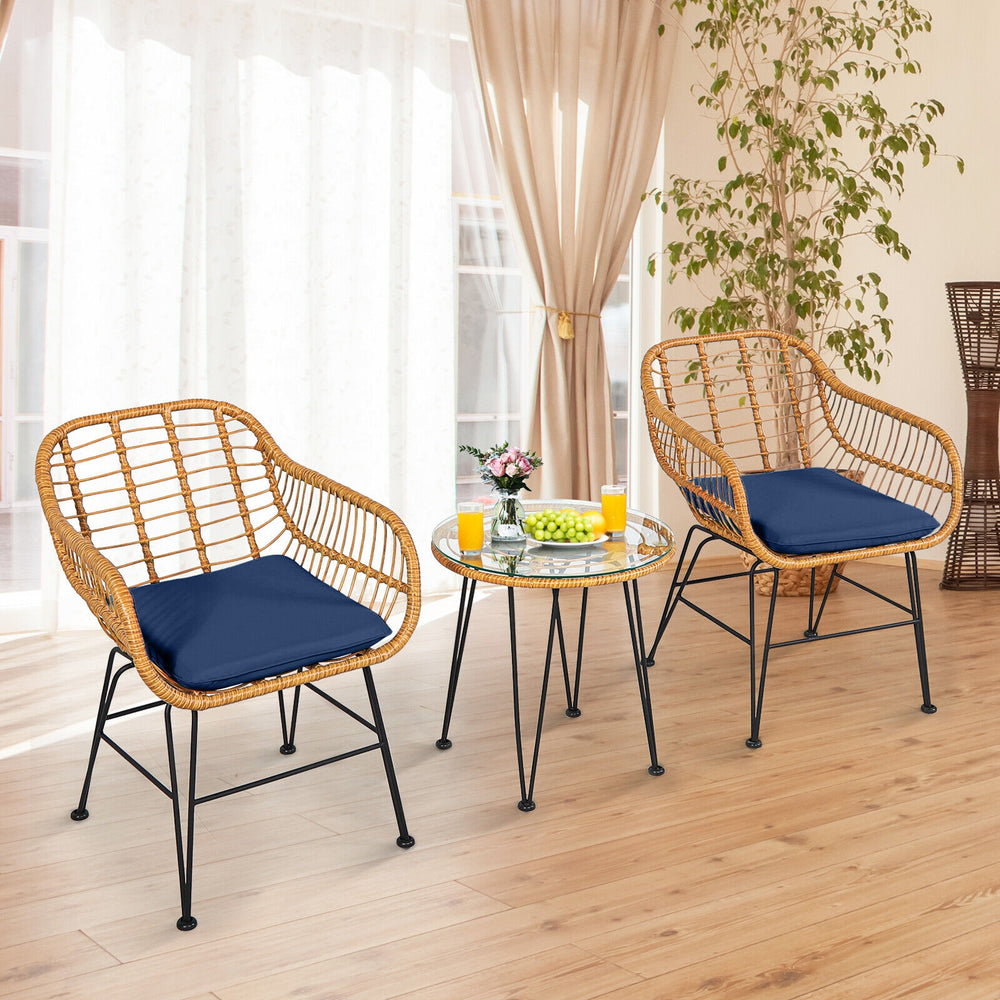 3 Pieces Rattan Furniture Set with Cushioned Chair Table-Navy - Gallery View 1 of 12