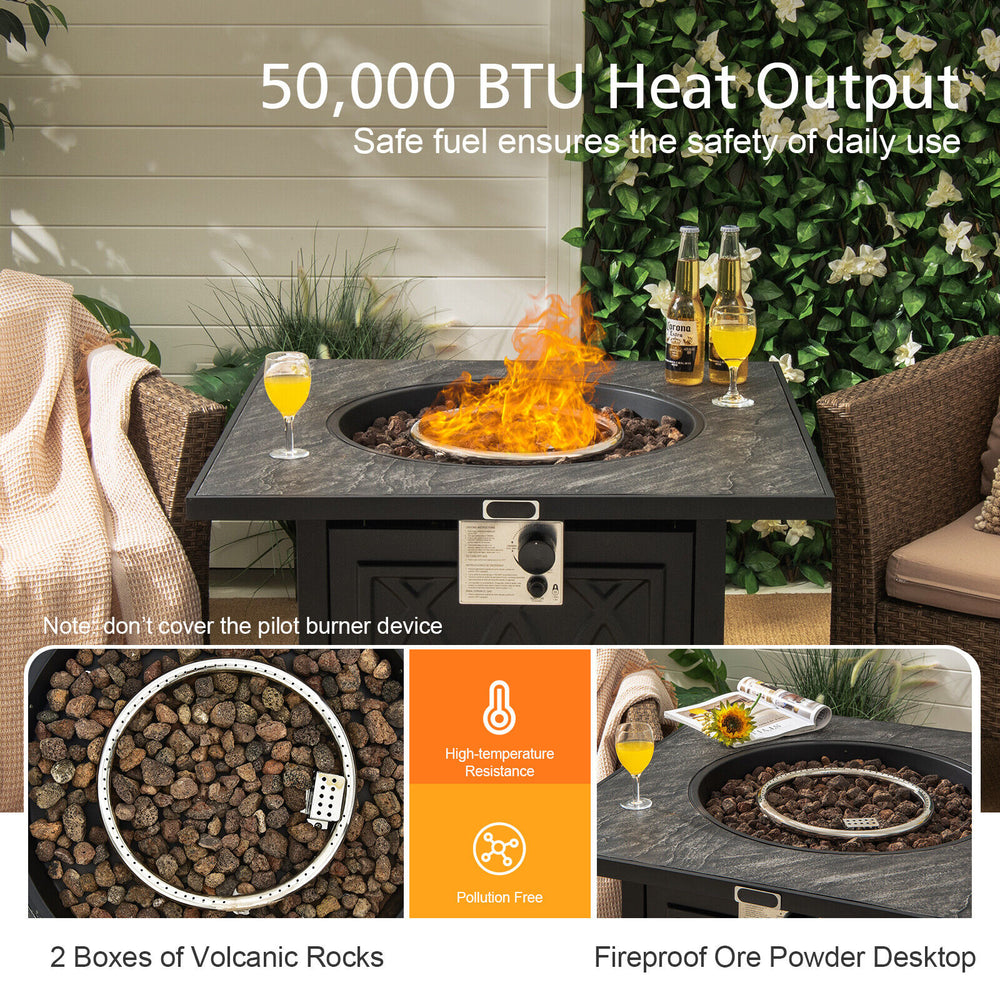 Square 32-inch propane fire pit table with lava rocks, 50,000 BTU output, ideal for outdoor patio and garden use.