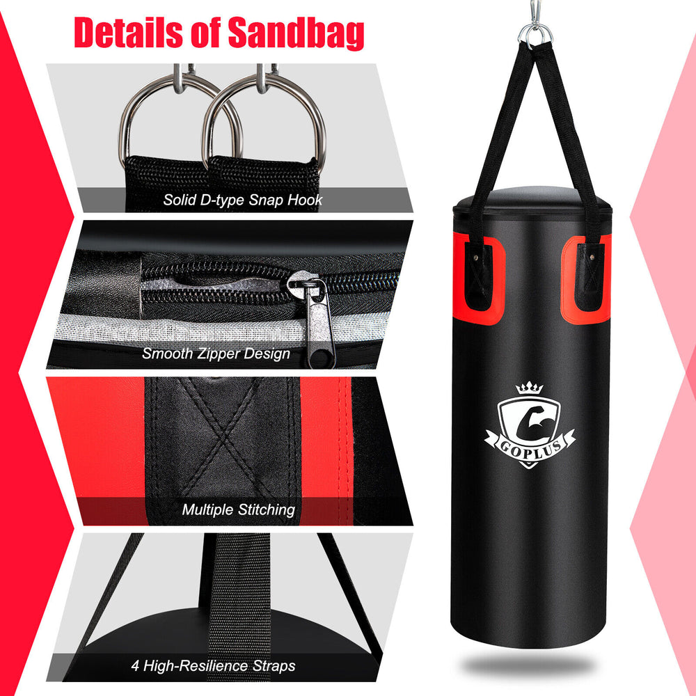 Close-up of the filled punching bag set featuring durable PVC leather, zipper design, and multi-stitching for shock.