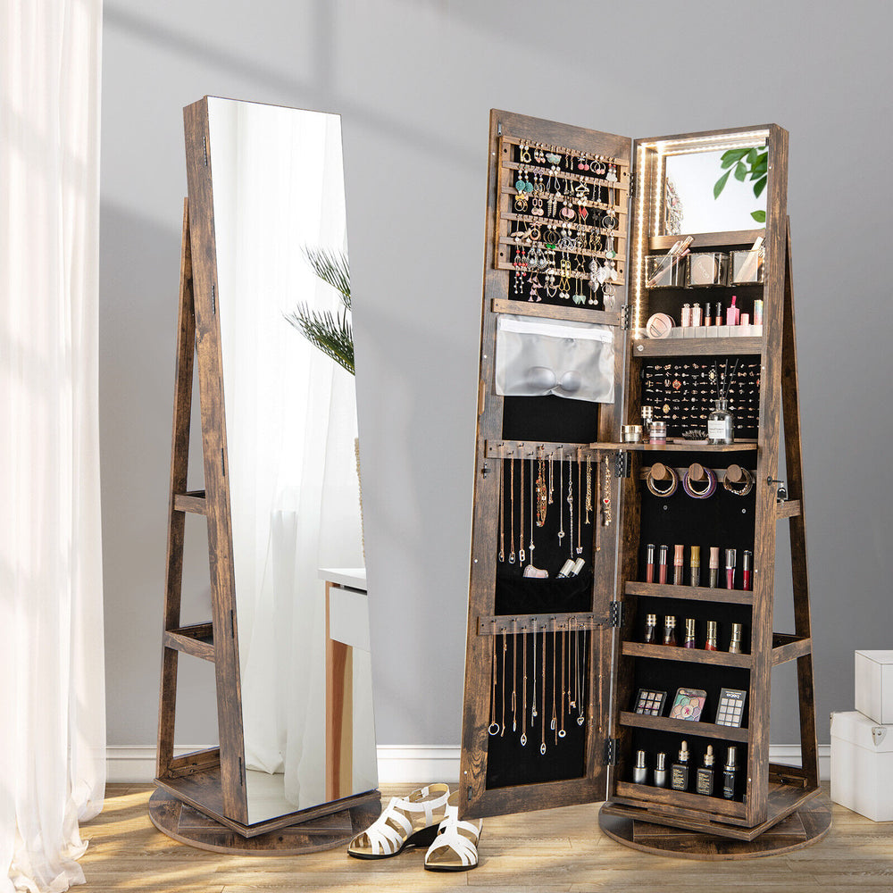 360° Rotating Mirrored Jewelry Cabinet Armoire 3 Color LED Modes Lockable-Brown - Gallery View 1 of 10