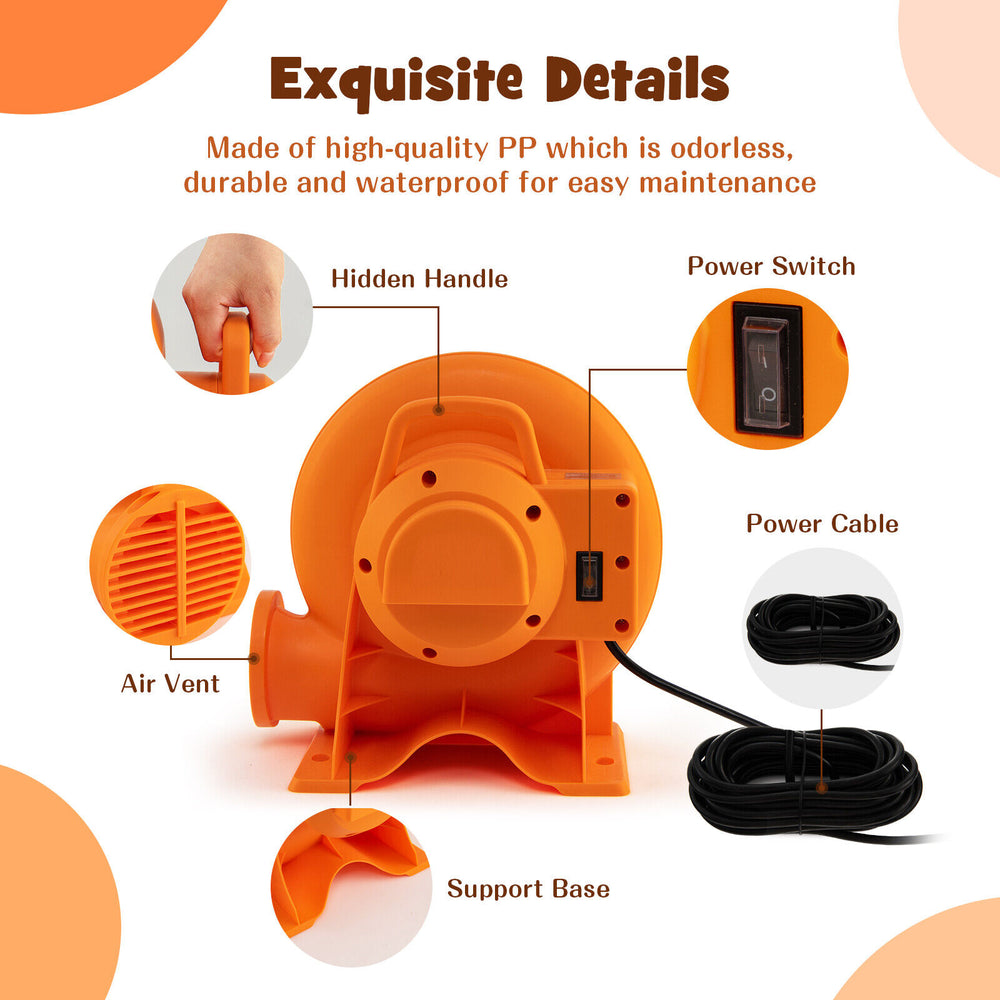 380W air blower with hidden handle, power switch, and air vent, made of durable PP for inflatables and outdoor use.