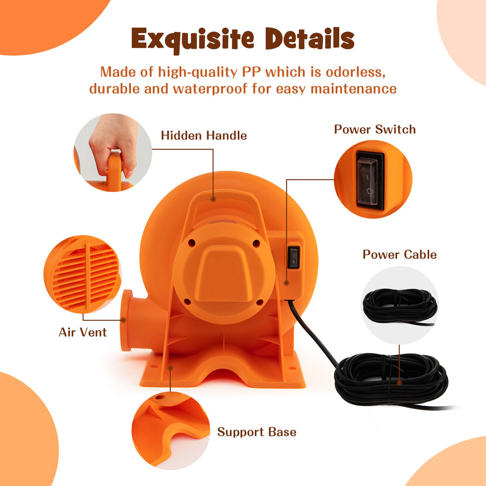 Close-up of the 550W air blower showing the power switch, air vent, and hidden handle for easy transport and use.
