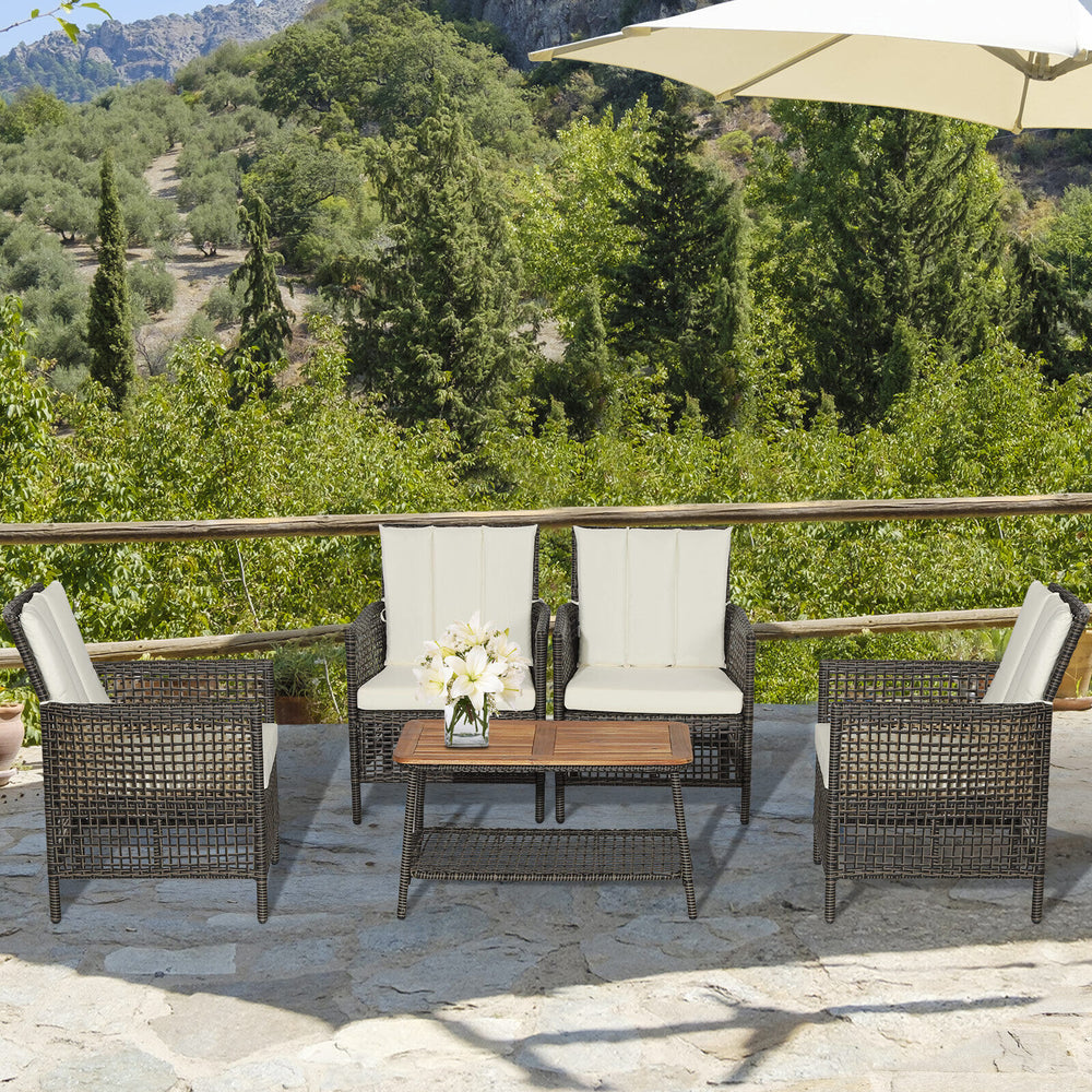 Stylish 5-piece patio rattan furniture set featuring ergonomic armchairs with soft cushions, perfect for outdoor.