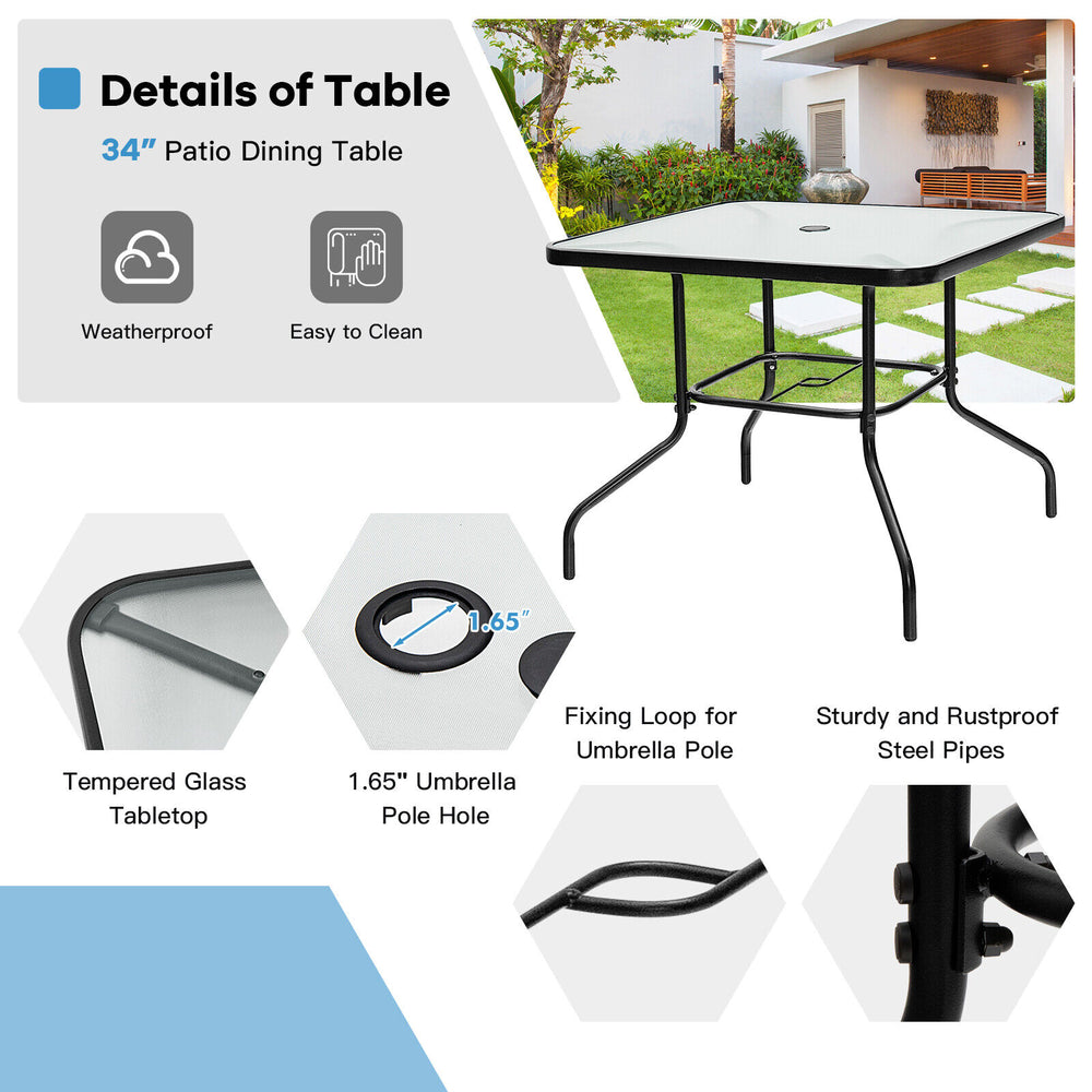 35" patio dining table with tempered glass top, umbrella hole, and sturdy steel frame for indoor and outdoor use.