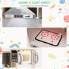 Kids wooden kitchen playset featuring a range hood, stove, and microwave with sound and light effects for realistic.