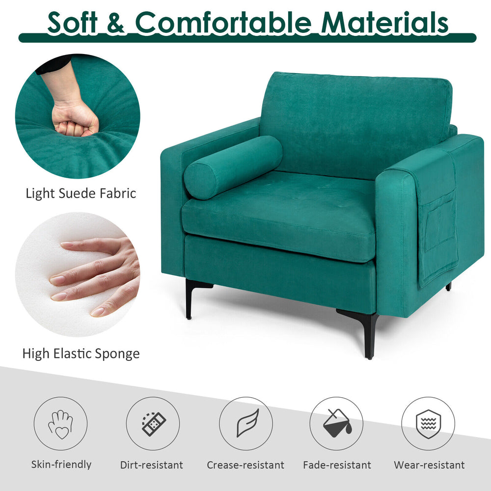 Peacock blue suede fabric modular sofa with high elastic sponge, featuring ergonomic armrests and side pocket for.