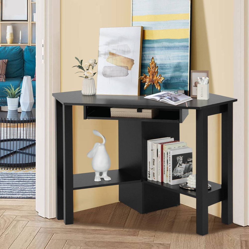Wooden Study Computer Corner Desk with Drawer-Black - Gallery View 1 of 12