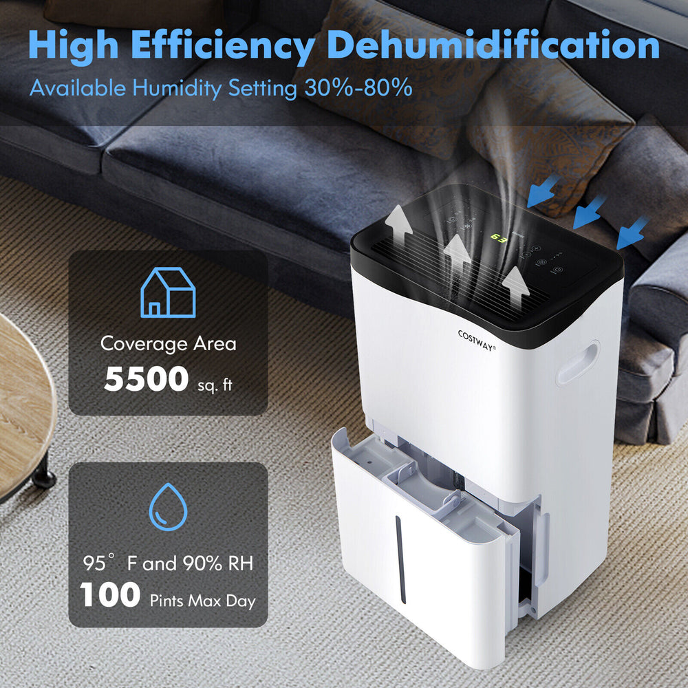 100-pint dehumidifier with smart app and Alexa control, ideal for rooms up to 5500 sq.ft, featuring a sleek design.