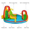 Kid's inflatable water slide bounce house featuring a climbing wall, splash pool, and two slides for outdoor fun.