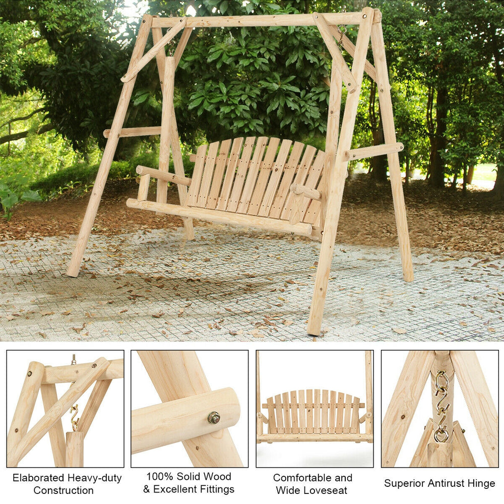 Outdoor wooden porch bench swing chair made of fir wood, featuring a rustic curved back for comfortable outdoor.