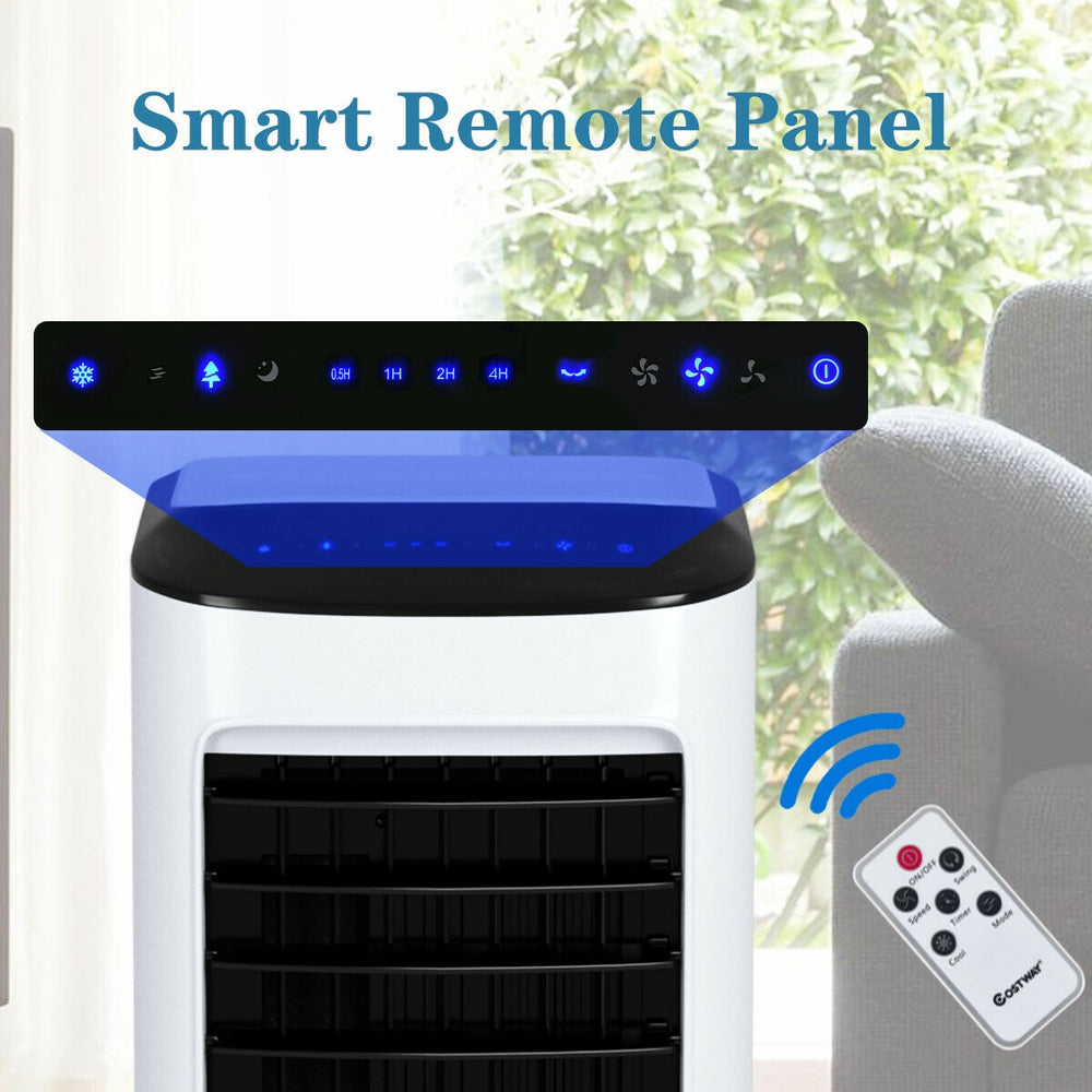 Smart remote control panel of the Evaporative Portable Air Cooler Fan, featuring three modes and intuitive touch.