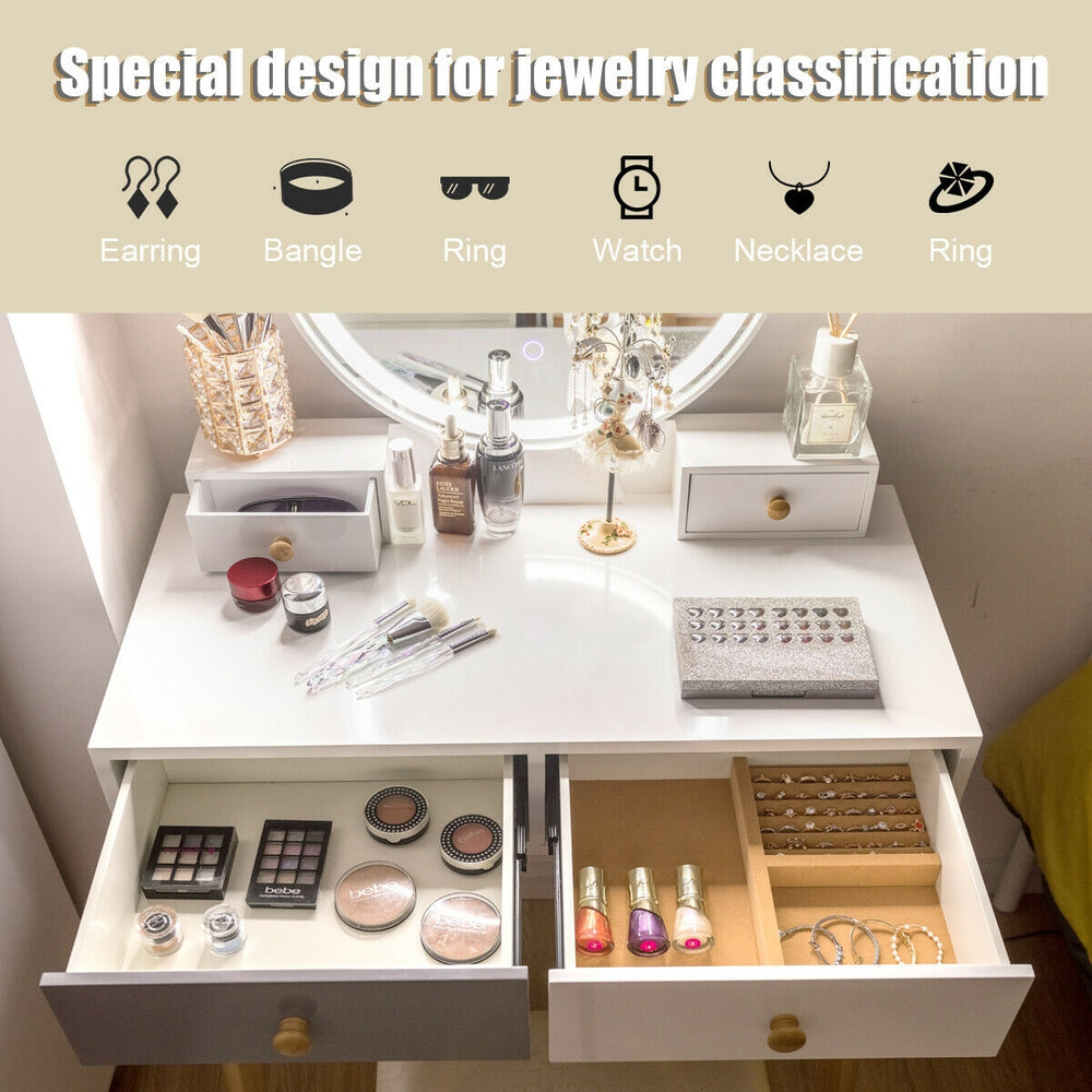 Makeup dressing table with lighted mirror, four drawers, and elegant white finish for organized cosmetics and jewelry.