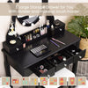 Black vanity table set featuring 10 dimmable lights, oval mirror, and 5 large storage drawers for cosmetics and jewelry.