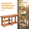 3-tier freestanding wooden shoe organizer with seat, made of acacia wood, ideal for entryway or garden storage.